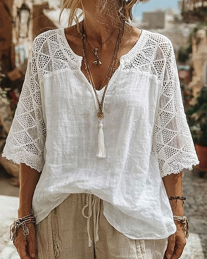 Blusa con Cuello en V y Detalle de Encaje
