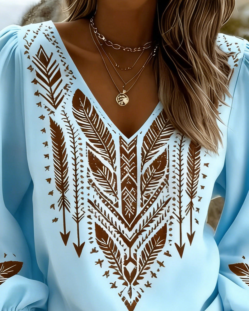 Blusa de Manga Abullonada Cuello en V Corte Amplio