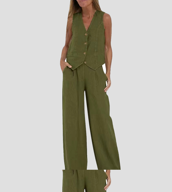 Aira – Conjunto elegante de dos piezas con chaleco y pantalón de pierna ancha