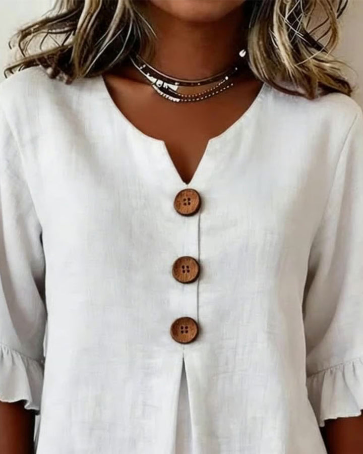 Chemisier Cuello en V con Botones de Madera y Mangas con Volantes