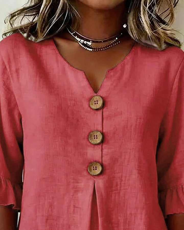 Chemisier Cuello en V con Botones de Madera y Mangas con Volantes
