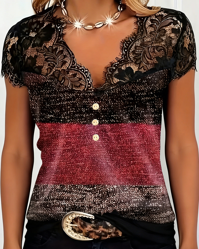 Camiseta Cuello en V con Encaje y Patchwork de Color