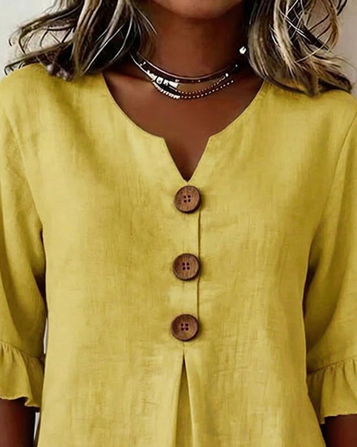 Chemisier Cuello en V con Botones de Madera y Mangas con Volantes