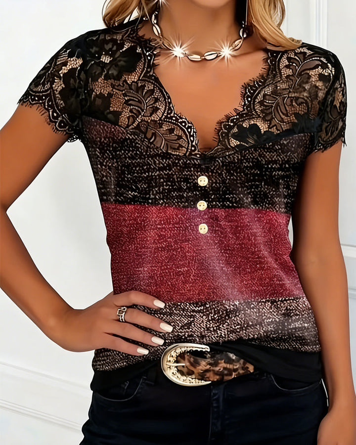Camiseta Cuello en V con Encaje y Patchwork de Color