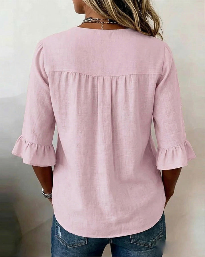 Chemisier Cuello en V con Botones de Madera y Mangas con Volantes