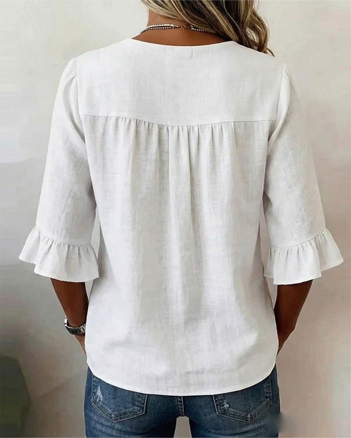 Chemisier Cuello en V con Botones de Madera y Mangas con Volantes
