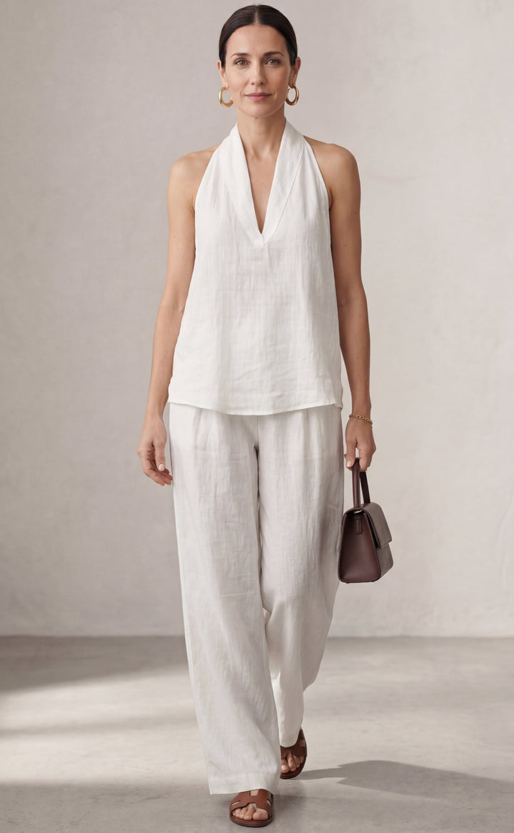 Conjunto de lino con escote en V y pantalón fluido