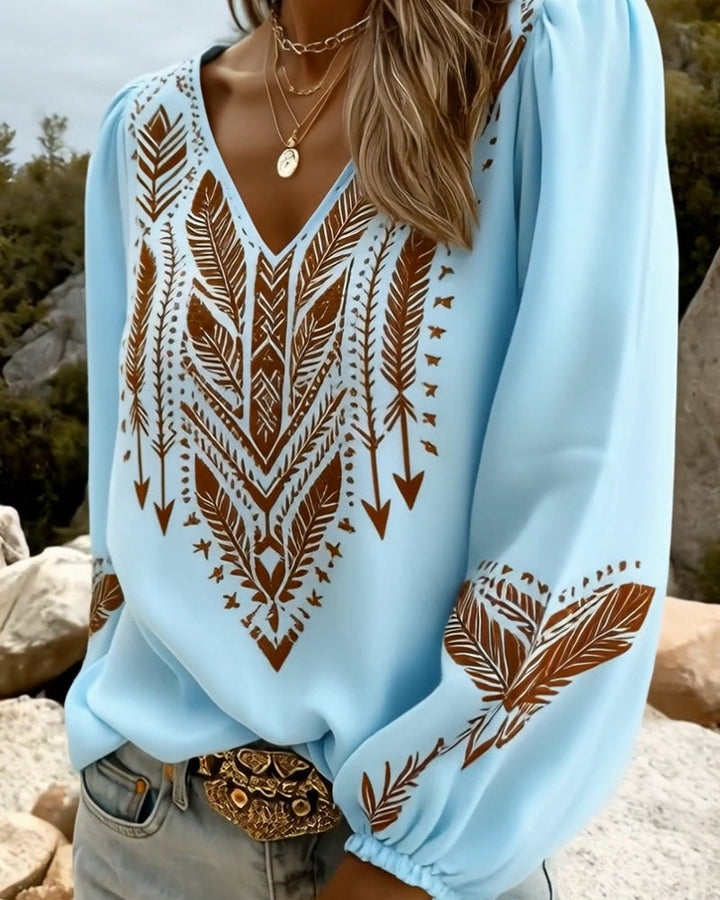 Blusa de Manga Abullonada Cuello en V Corte Amplio