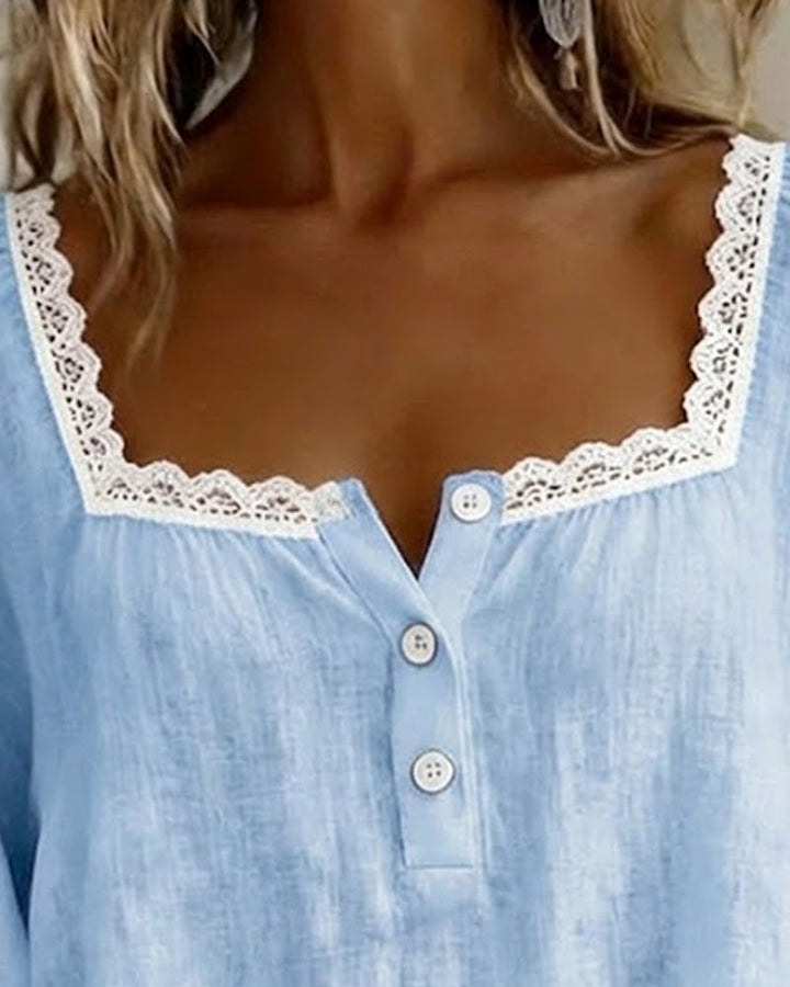 Blusa de Encaje con Cuello Cuadrado y Mangas Abullonadas