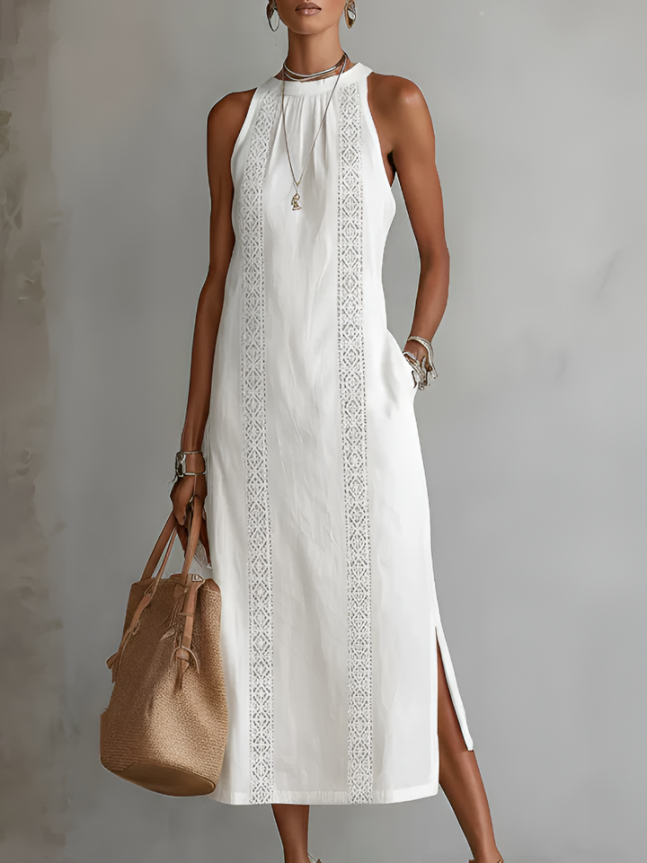 Jimena™ | Vestido midi de lino con cuello mao