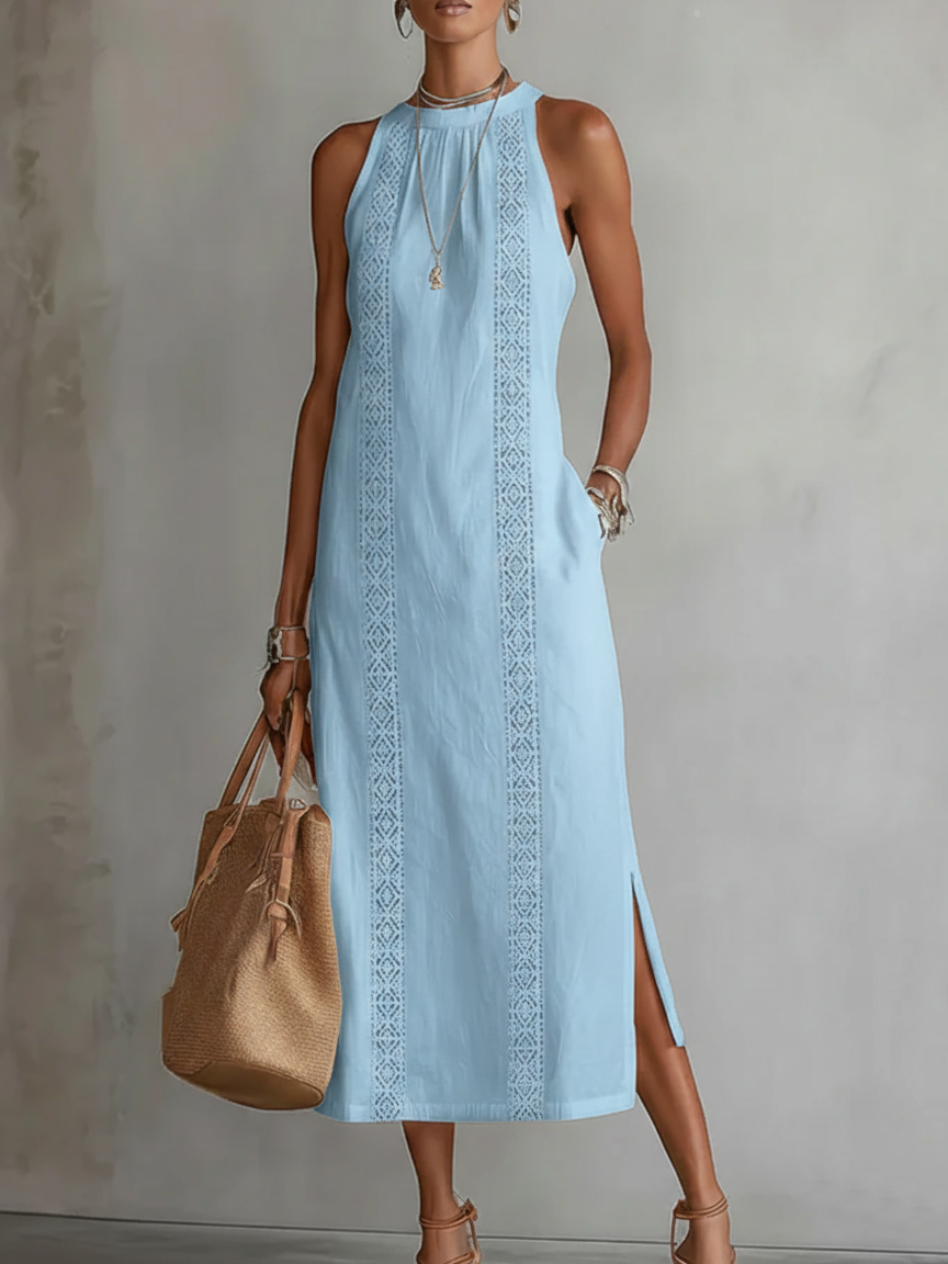 Jimena™ | Vestido midi de lino con cuello mao