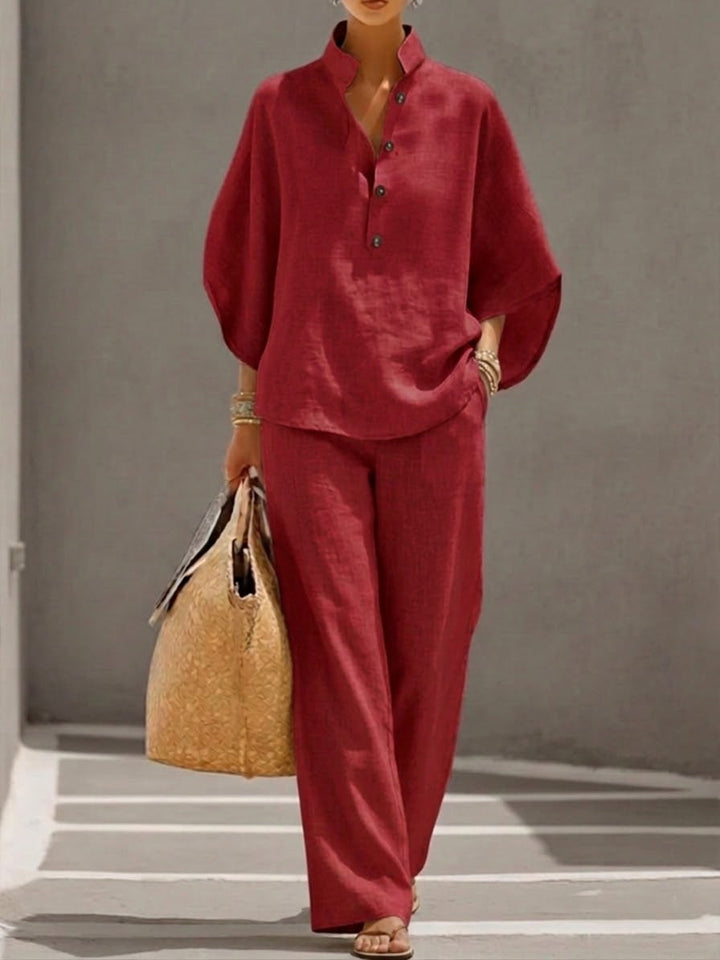 Mariel | Conjunto de dos piezas efecto lino con mangas murciélago y pantalón fluido
