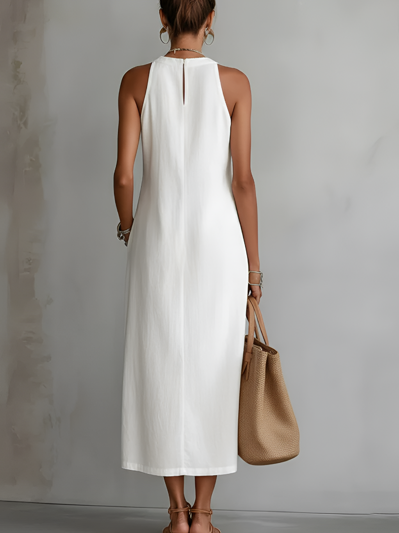 Jimena™ | Vestido midi de lino con cuello mao