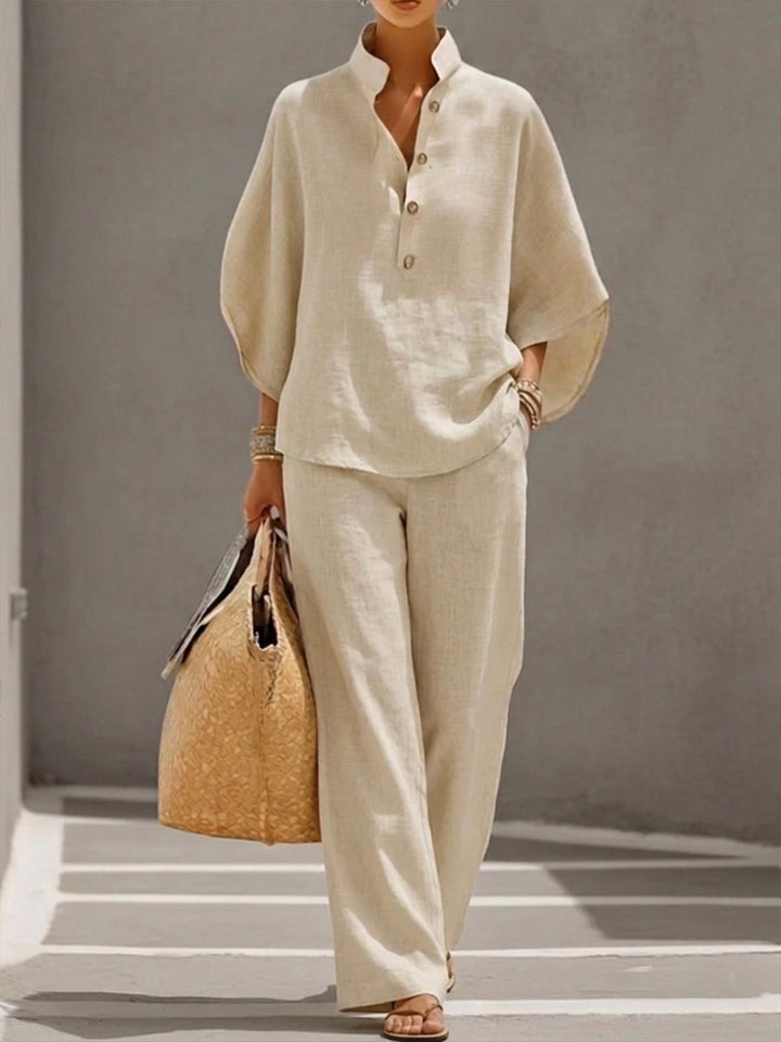 Mariel | Conjunto de dos piezas efecto lino con mangas murciélago y pantalón fluido