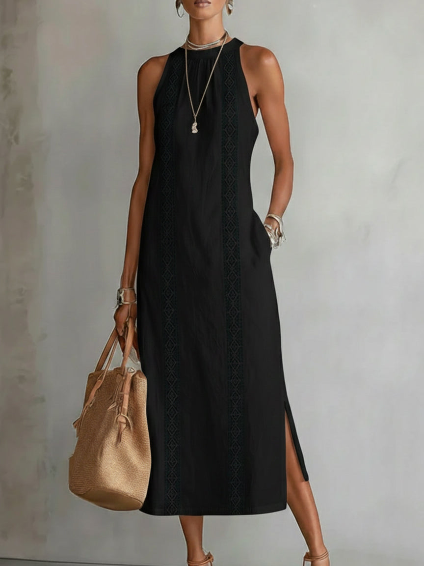 Jimena™ | Vestido midi de lino con cuello mao